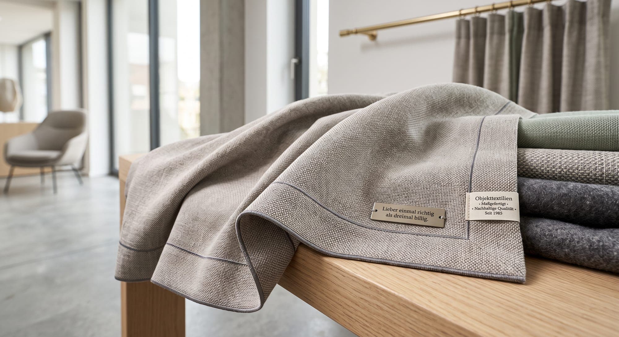 Maßgefertigtes Objekttextil von Texside auf einem Eichentisch